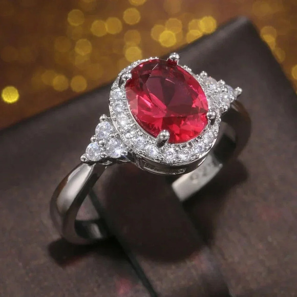 NEW 925 Sterling Silver Oval Ruby Round Diamond Halo Ring - Picture 3 of 8
